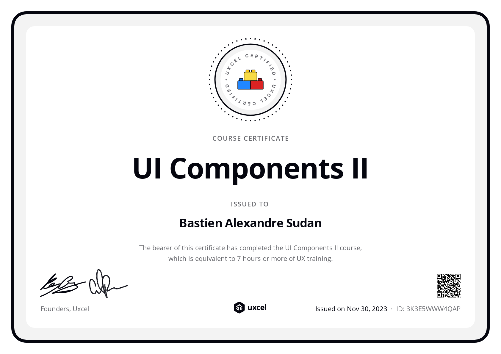 Bastien Sudan's certificate